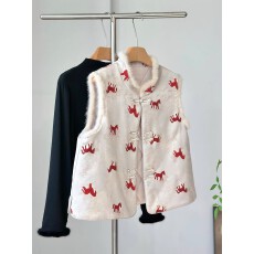 批发高端宋锦红色新中式水貂毛马甲女秋冬夹棉外穿背心新年拜年服上衣