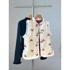 批发新年红色减龄提花双面穿新中式马甲夹棉加厚毛毛背心女外穿拜年服