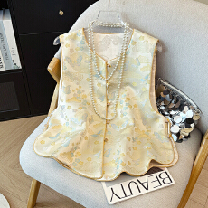 批发金庭蝴蝶印花常规款上衣宽松天丝春季无袖圆领单排扣马甲立领