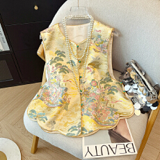 批发新中式宋锦提花<b class='q'>马甲</b>外套女春秋新款国风真 丝<b class='q'>马夹</b>坎肩无袖背心