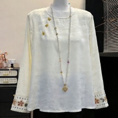 批发新款中式国风时尚提花刺绣衬衫女装长袖春秋上衣