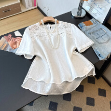批发一梦浮生重工蕾丝+100%<b class='q'>亚麻</b>半袖衬衫宽松圆领女上衣26夏新