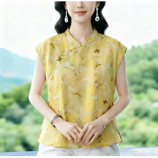 批发新中式黄色立领斜襟盘扣短袖<b class='q'>上衣</b>女夏薄款国风香云纱禅意茶服衬衫