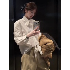 批发韩系设计感白色Polo领长袖衬衫女<b class='q'>秋</b>冬款时尚休闲通勤百搭衬衣上衣