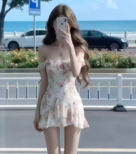프랑스식 낭만주의 신선함 꽃무늬 여성 드레스 봄 여름 레트로 순수한 욕망 바람 3 차원 주름 행침 목 프릴 미니 스커트