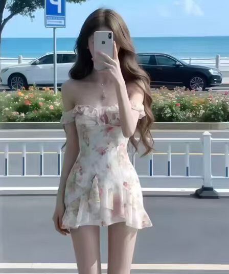 프랑스식 낭만주의 신선함 꽃무늬 여성 드레스 봄 여름 레트로 순수한 욕망 바람 3 차원 주름 행침 목 프릴 미니 스커트