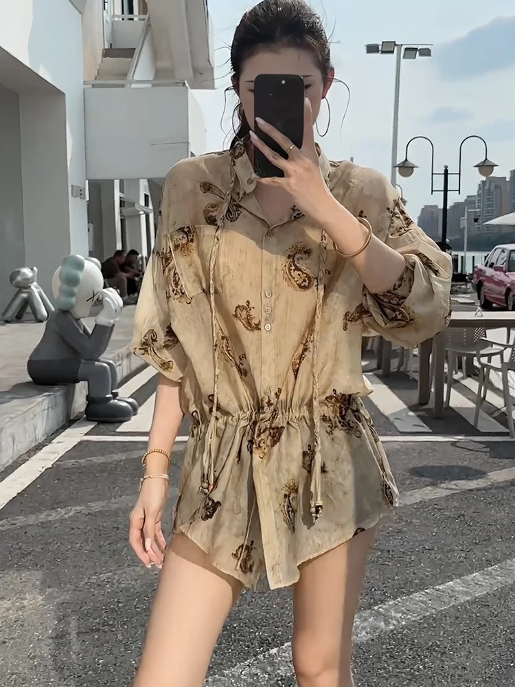 프랑스식 기하학 프린트 허리 수축 슬림해 보이는 자외선 차단 긴팔 여성 셔츠 여름 새로운 고급 센스 고유 한 Chic 맨위