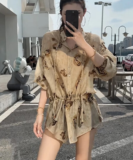 프랑스식 기하학 프린트 허리 수축 슬림해 보이는 자외선 차단 긴팔 여성 셔츠 여름 새로운 고급 센스 고유 한 Chic 맨위