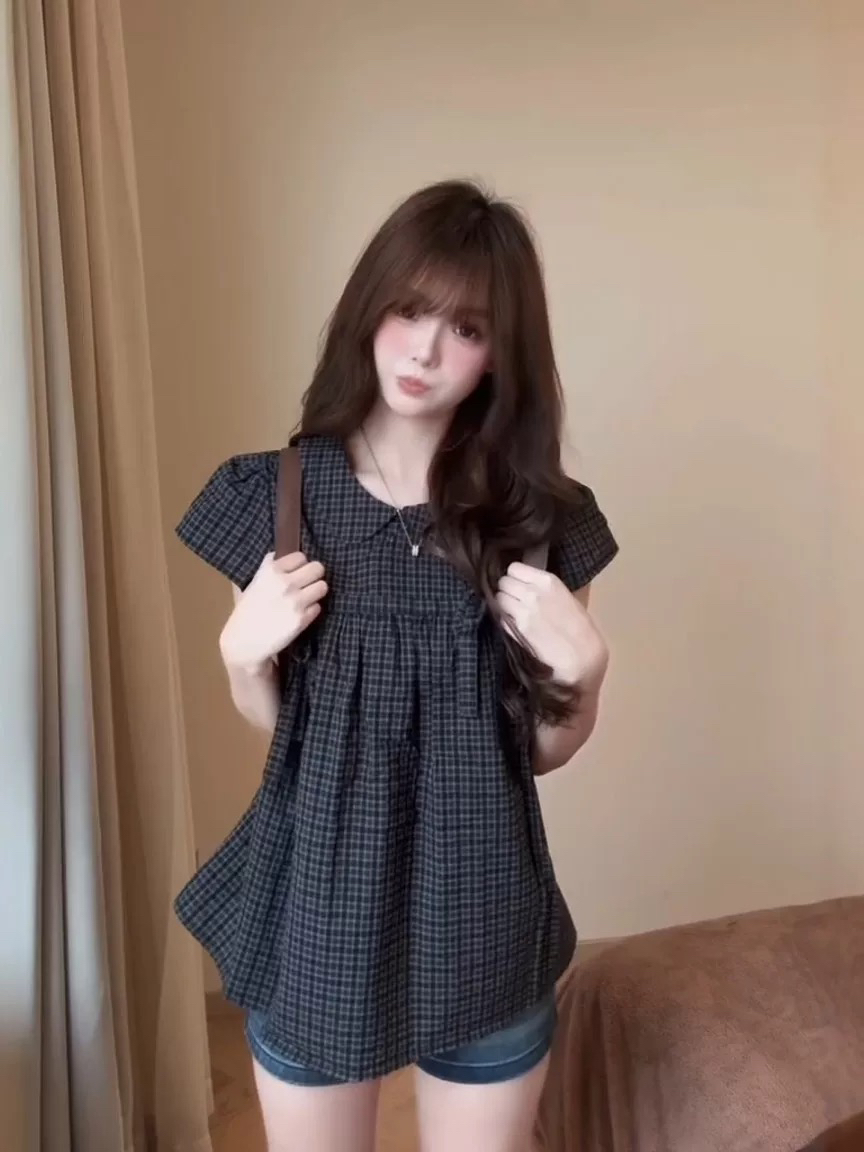 일본식 달콤함 베이비 칼라 체크무늬 거품 소매 스트랩 반팔 여성 셔츠 여름 허리 수축 캐주얼 바람 슬림해 보이는 맨위