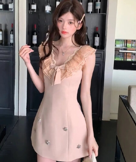 프랑스식 천 금빛 바람 나비 매듭 V넥 프릴 여성 드레스 새로운 품격 무거운 작업 비즈 박기 민소매 조끼 스커트
