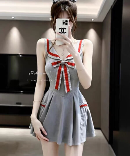 한 부서 학원 스타일 해군 칼라 나비 매듭 민소매 여성 드레스 여름 순수한 욕망 소녀 바람 슬림해 보이는 한 마디 미니 스커트