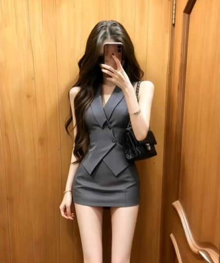 빛 요리 한 경력 정장 베스트 세트 여름 출퇴근 품격 V넥 민소매 허리 수축 맨위 반신 스커트 투피스 세트