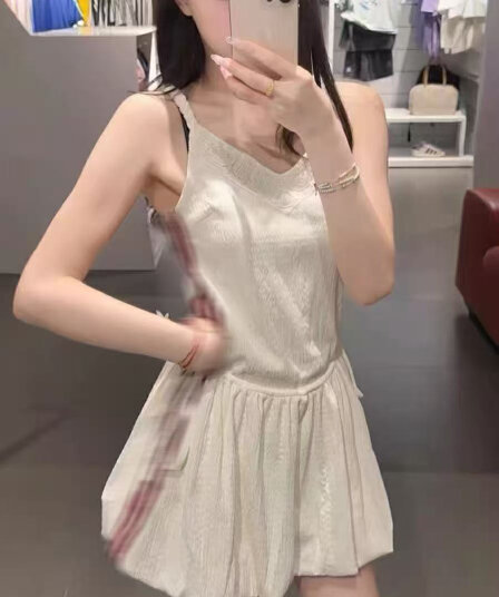 한 부서 V넥 민소매 슬립 여성 드레스 여름 새로운 펌프 로프 꽃밭 치마 허리 수축 조끼 스커트 부드러운 바람 미니 스커트