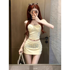 批发辣妹字母印花吊带背心上衣套装女夏季新款性感显瘦包臀短裙两件套