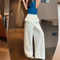 批发白色西装屁帘裤阔腿裤<b class='q'>女</b>夏季薄款高腰假两件休闲直筒裤