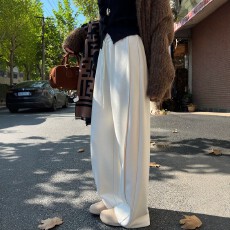 白色羊毛阔腿裤女秋冬季新款宽松显瘦糯米卫裤直筒弯刀运动裤