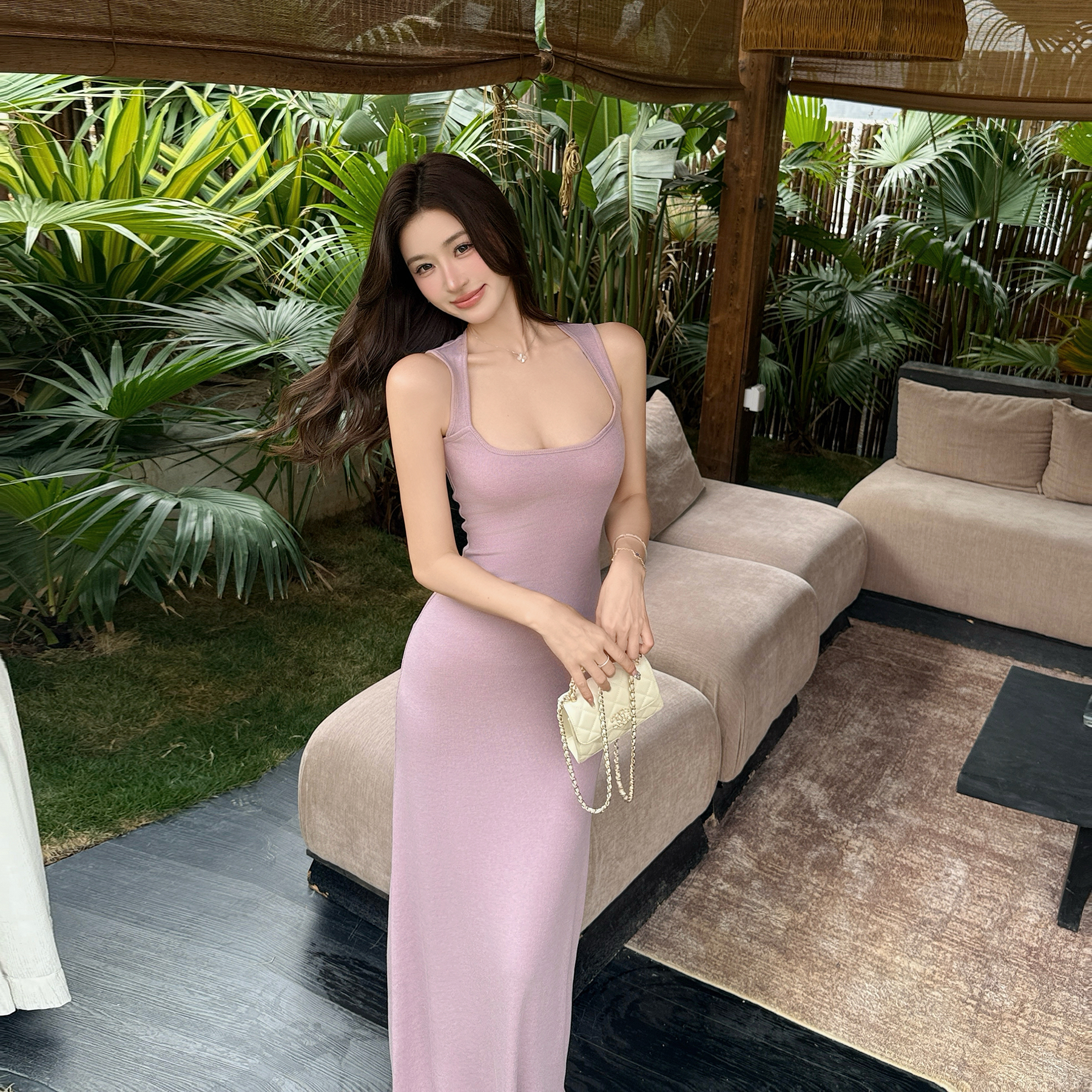 몸매 가꾸기 슬림해 보이는 u 칼라 니트 슬립 여성 드레스 여름 민소매 롱 스커트 허리 수축 치마