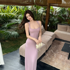 批发修身显瘦U领针织吊带<b class='q'>连衣裙</b>女夏季无袖长裙<b class='q'>收腰</b>裙子