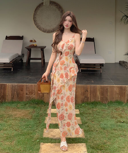 여름 새로운 V넥 휴가 치마 비스듬한 자르다 프릴 꽃무늬 슬립 드레스 인어 꼬리 롱 스커트
