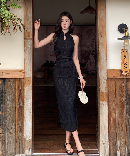새로운 중식 국풍 자카드 오프숄더 개선 치파오 레트로 섹시함 백리스 하이웨이스트 품격 슬림해 보이는 민소매 드레스