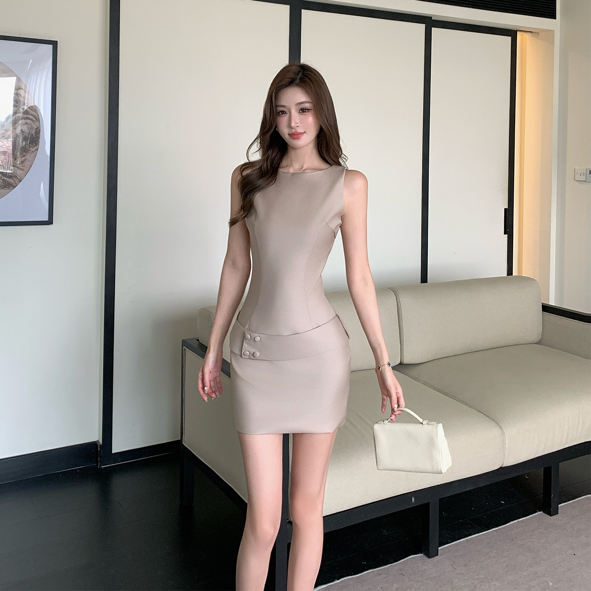 빛 직업 바다 악마 프랑스식 지성 바람 품격 민소매 몸매 가꾸기 슬림해 보이는 타이트 스커트 드레스 미니 스커트 여성