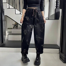 批发实拍 大码弹力<b class='q'>牛仔裤</b>女秋季新款复古印花宽松长裤百搭显瘦<b class='q'>哈伦</b>裤