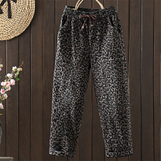 批发实拍复古豹纹<b class='q'>印花</b>弹力牛仔裤女式2025秋季新款宽松显瘦系带<b class='q'>哈伦裤</b>