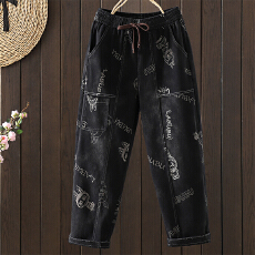 批发实拍 字母<b class='q'>印花</b>弹力牛仔裤女式秋季新款文艺大码松紧腰系带<b class='q'>哈伦裤</b>