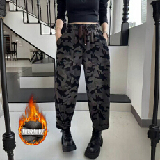 批发实拍  大码复古印花加绒加厚<b class='q'>牛仔</b>裤女冬季新款休闲宽松显瘦<b class='q'>哈伦</b>裤