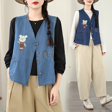 批发实拍  复古V领牛仔马甲背心女春季新款卡通刺绣设计感无袖上衣潮