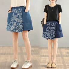 批发实拍 大码女裤夏季新款牛仔阔腿短裤胖mm松紧腰五分裤假两件裙裤