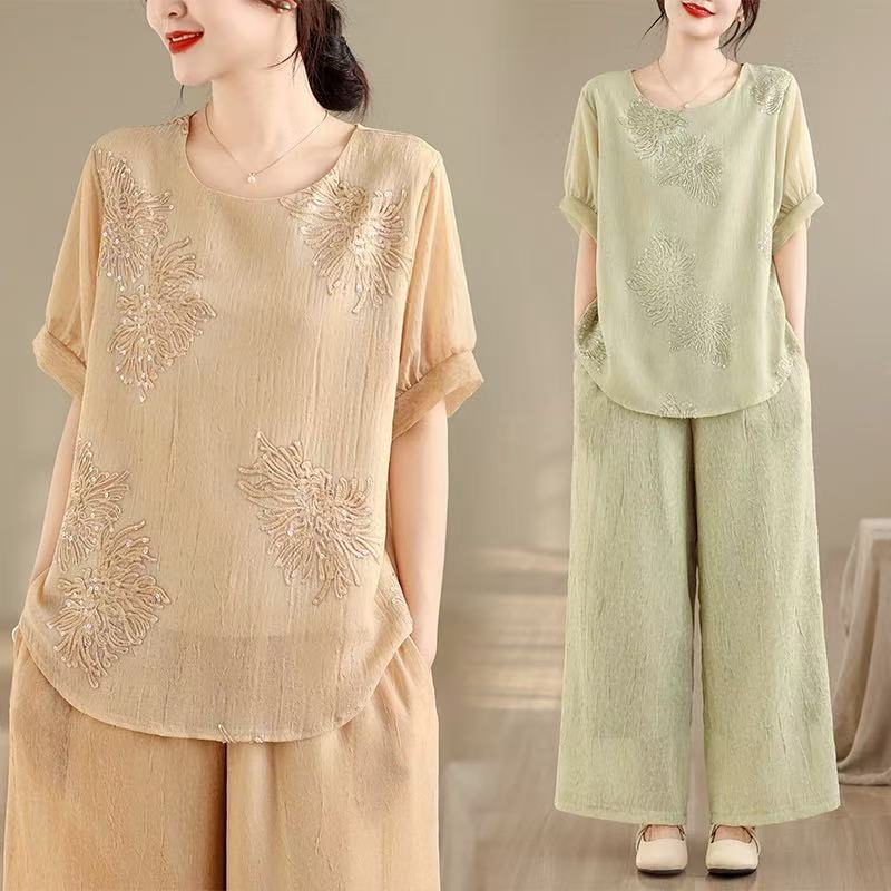 RY770# 实拍新款复古刺绣丝麻套装女文艺宽松圆领衬衣松紧腰阔腿裤两件套