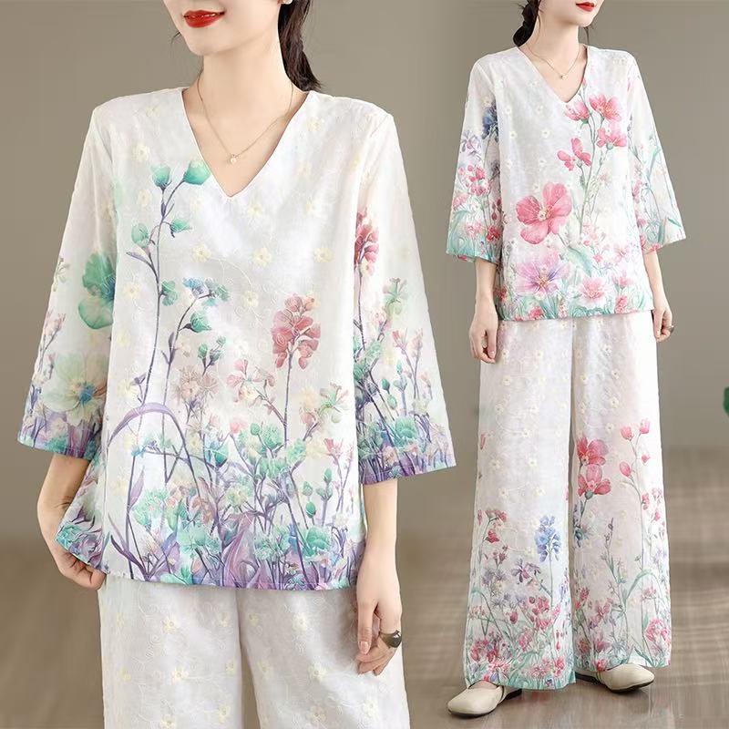 RY769# 实拍 民族风印花刺绣套装女文艺复古七分袖v领衬衣阔腿裤两件套