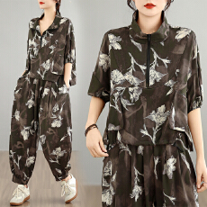 批发实拍夏季新款两件套洋气<b class='q'>大码</b>女装胖MM印花时尚宽松显瘦<b class='q'>哈伦裤</b>套装