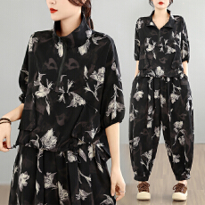 批发实拍夏季新款两件套洋气<b class='q'>大码</b>女装胖MM印花时尚宽松显瘦<b class='q'>哈伦裤</b>套装