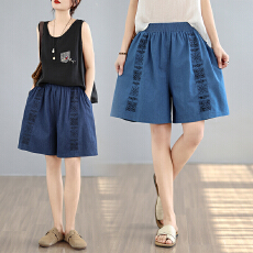 批发实拍 夏季大码宽松显瘦薄款牛仔<b class='q'>绣花</b>短裤女阔腿裤文艺百搭五分裤