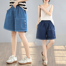 批发实拍 夏季大码宽松显瘦薄款牛仔<b class='q'>绣花</b>短裤女阔腿裤文艺百搭五分裤