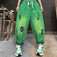 批发非实拍夏季薄款字母印花水洗牛仔裤<b class='q'>女</b>新款大码宽松百搭九分<b class='q'>哈伦裤</b>
