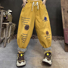 批发非实拍 夏季新款<b class='q'>时尚</b>字母卡通印花牛仔裤女宽松大码休闲哈伦裤女