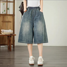 批发非实拍阔腿<b class='q'>牛仔裤</b>女七分裤夏季薄款2026新款大码显瘦<b class='q'>松紧</b>腰休闲裤