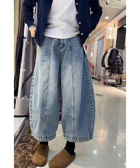 비 실사 빅 사이즈 넓은 다리 청바지 여성 봄 가을 새로운 루즈핏 슬림해 보이는 9부 바지 하이웨이스트 표지 고기 풍선 바지