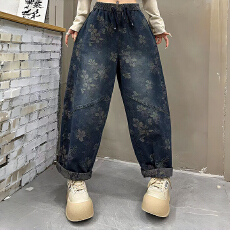 批发实拍复古提花水洗牛仔裤女2026秋季新款胖mm大码高腰显瘦休闲长裤