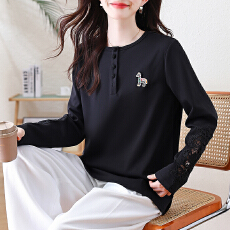 批发实拍洋气缕空蕾丝长袖T恤女2026年大码宽松上衣早春新款欧货女装