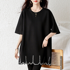 批发实拍 时尚珠片刺绣中长款T恤女春季2026年新款女装<b class='q'>大码</b>欧洲站上衣