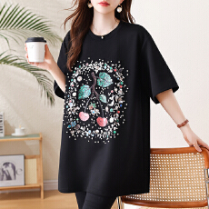 批发实拍 印花钉珠中长款短袖T恤女夏季上衣2026年<b class='q'>大码</b>欧洲站新款<b class='q'>女装</b>