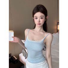 批发秋<b class='q'>冬</b>磨毛 带胸垫 纯欲风蕾丝拼接吊带背心女修身纯色美背上衣