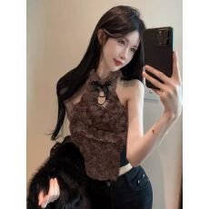 批发带胸垫 小香风毛毛<b class='q'>吊带</b><b class='q'>背心</b>女秋冬纯欲露肩挂脖上衣<b class='q'>打底</b>衫