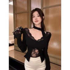 批发带胸垫 纯欲性感蕾丝拼接长袖t恤女修身显瘦内搭打底衫上衣