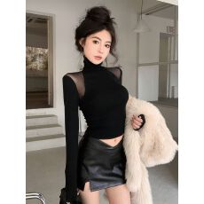 批发不带胸垫 纯欲风露肩<b class='q'>上衣</b>女高领<b class='q'>网纱</b>长袖t恤保暖内搭打底衫