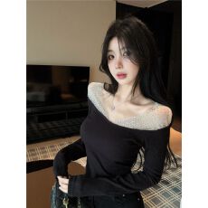 批发不带胸垫假两件<b class='q'>网纱</b>烫钻长袖t恤女纯欲一字肩<b class='q'>上衣</b>打底衫内搭